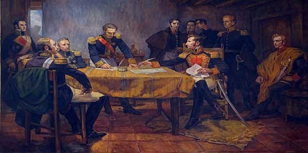 Firma de la Capitulación de Ayacucho (11 de diciembre de 1824), ducumento firmado por: José de Canterac (realista) y Antonio José de Sucre (patriota). | Óleo de Daniel Hernández (1924). 