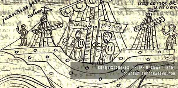 Almagro y Pizarro, conquistadores del Tahuantinsuyo. Ilustración de Felipe Guamán Poma (1615). Almagro y Pizarro, conquistadores del Tahuantinsuyo. Ilustración de Felipe Guamán Poma (1615).