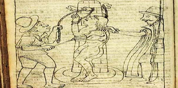 Corregidor ordena a un esclavo africano castigar al alcalde ordinario porque falta parte del tributo. | Ilustración: Felipe Guamán Poma de Ayala (1615).