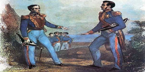 Entrevista de Guayaquil entre San Martín y Bolívar (Santiago de Guayaquil, Ecuador, 26 de julio de 1822). | Óleo: J. Collignon (1843).