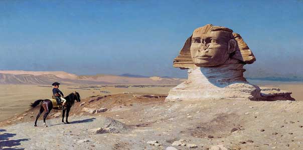 Napoleón Bonaparte contemplando la Gran Esfinge de Giza, semienterrada por las arenas del desierto | Óleo de Jean-Léon Gérôme (1886).