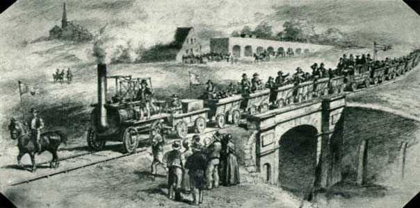 Inauguración del ferrocarril de Stockton -Darlington; Nordeste de Inglaterra, el 27 de septiembre de 1825, que muestra al tren atravesando el Skerne cerca de Darlington. | Dibujo a lápiz de J.R. Brow.