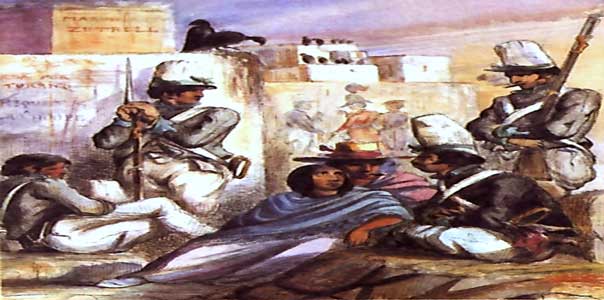 Milicia peruana en la Guerra civil peruana de 1843-1844 | Fuente: Max Radiguet (oficial de marina francés que pasó por el Perú entre 1841 y 1845 como parte de una expedición marítima francesa de exploración comandada por Abel du Petit Thouars).