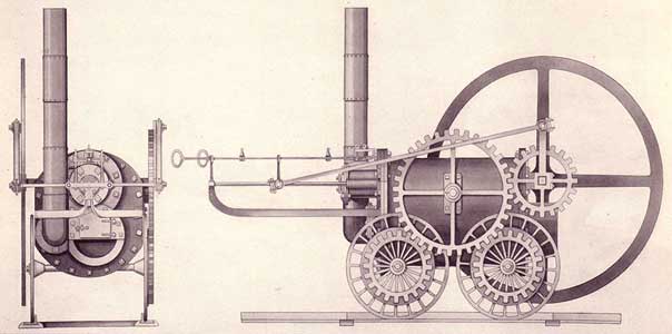 Dibujo de la primera máquina de alta presión de Richard Trevithick construida en 1802. | Grabado del Museo de Ciencias.