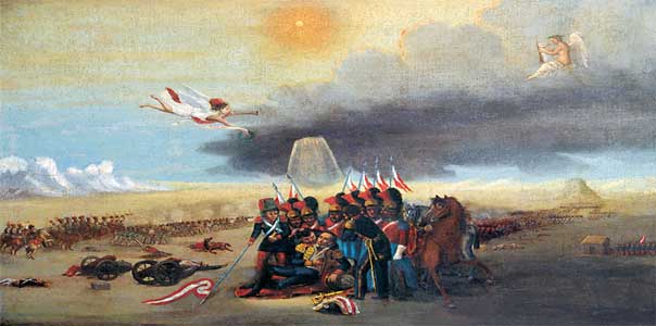 Muerte del Presidente Agustín Gamarra Messía en la batalla de Ingavi (18 de noviembre de 1841). | Óleo anónimo del Museo Nacional de Historia de Lima. (Sala La República).