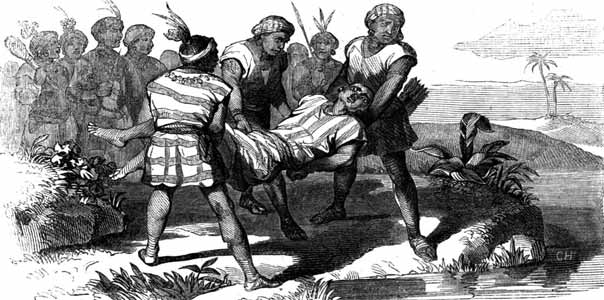 Muerte del Huáscar, arrojado al río Yanamayo (Ancash) desde un precipicio, por orden de Atahualpa. | Fuente: Libro de Historia de la Conquista del Perú, de William Prescott (1851).