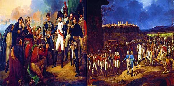 Imagen izquierda: Napoleón en Chamartín (España), recibiendo a los delegados de la Junta de Defensa de Madrid (óleo de Carle Vernet). | Imagen derecha: Napoleón ordena en Astorga (España) tratar con consideración a los prisioneros ingleses (óleo: Hippolyte Lecomte).