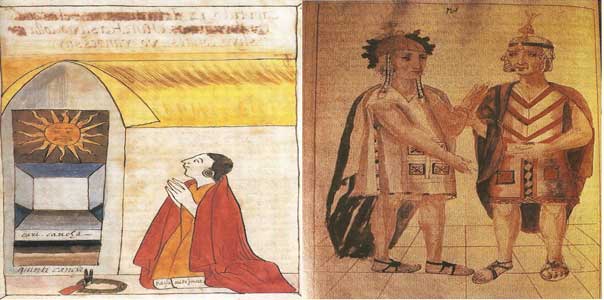 Imagen izquierda: Pachacútec en el Coricancha. | Imagen derecha: Dibujo de Pachacútec y su hijo heredero Túpac Yupanqui. | Fuente: Crónicas de Manuel de Murua (Siglo XVII).