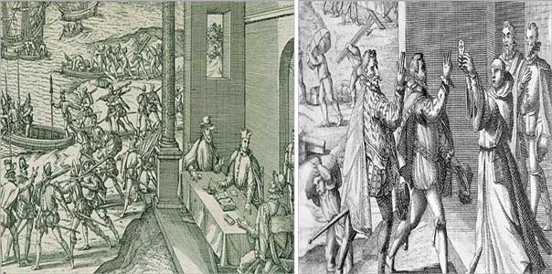 Imagen izquierda: Pacto de Panamá (grabado de Theodore de Bry). | Imagen derecha: Francisco Pizarro, Diego de Almagro, Hernando de Luque en 1526, juramentando con una misma hostia el pacto de Panamá (26/03/1526).