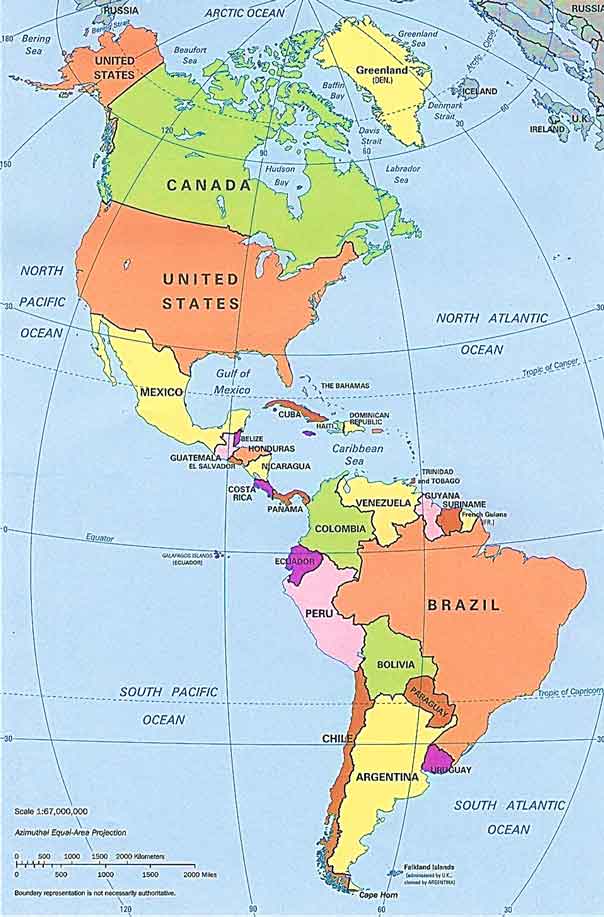 Mapa de los países del contienente americano y el Caribe.