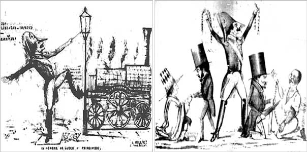 Imagen izquierda: Caricatura de Ramón Castilla, junto a una locomotora de vapor (ferrocarril Rocket, el primero en el Perú) y a un farol de alumbrado público (15 de agosto de 1850). | Imagen derecha: Caricatura de Ramon Castilla, aboliendo el tributo indígena y la esclavitud. (3 de diciembre de 1854).