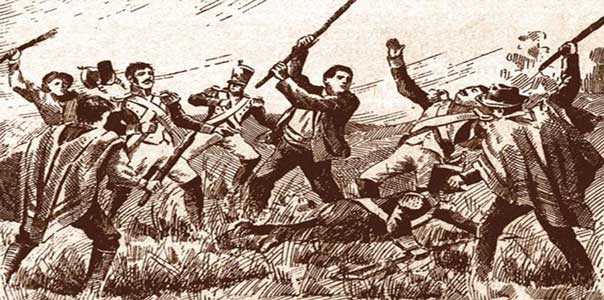 Rebelión de Oruro (10 de febrero de 1781), los españoles fueron atacados por los criollos con piedras y palos. | Durante la rebelión, los españoles desesperados corrían en busca de refugio mientras otros respondían ferozmente a los criollos.
