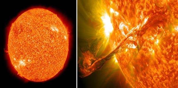 Imagen izquierda: Fotografía ultravioleta retocada de la NASA en 2020. | Imagen derecha: Filamento solar fotografiado el 31 de agosto de 2012 (NASA). La eyección de masa solar viajó a 1500 kilómetros por segundo.