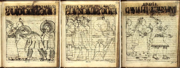 Música e instrumentos incas. | Ilustración izquierda: Fiesta de los Collasuyos, centro: Fiesta de los Chinchaysuyos, derecha: Abril, camai, inca raimi. | Ilustraciones del libro Primer nueva corónica y buen gobierno de Felipe Guamán Poma de Ayala (1615). Música e instrumentos incas. | Ilustración izquierda: Fiesta de los Collasuyos, centro: Fiesta de los Chinchaysuyos, derecha: Abril, camai, inca raimi. | Ilustraciones del libro Primer nueva corónica y buen gobierno de Felipe Guamán Poma de Ayala (1615).