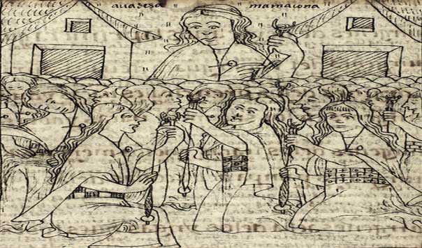 Las acllas con la mamacona (Sacerdotisa, instructora de las acllas). | Fuente: «Nueva corónica i buen gobierno», de Felipe Guamán Poma de Ayala (1615).