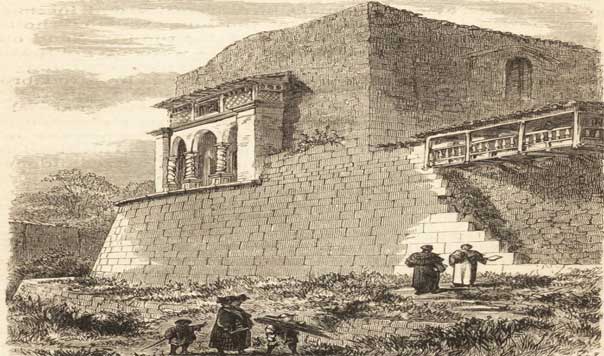 Palacio Coricancha, morada de los gobernantes incas, primer templo dedicado al Sol. | Fuente: Perú; Incidentes de viajes y exploración en la tierra de los incas de Ephraim George Squier (1877).