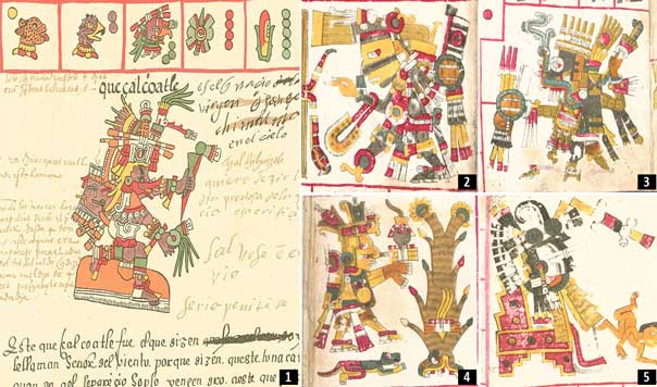 Dioses Toltecas: 1.Quetzalcóatl en el Códice Telleriano-Remensis, 2. Tezcatlipoca en el Códice Borgia, 3. Tláloc descrito en el Códice Borgia, 4. Cintéotl como se muestra en el códice Borgia, 5. Itztlacoliuhqui en el Códice Borgia.