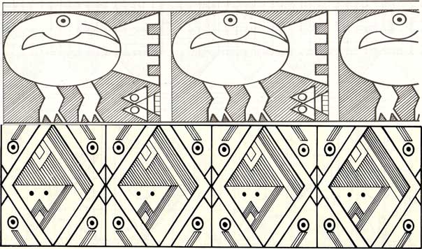 Frisos Chimú: Imagen arriba: Friso de los pelícanos, construidos geométricamente. | Imagen abajo Configuraciones abstractas del pelícano y peces a base del triángulo, rombo, cuadrado y círculo.
