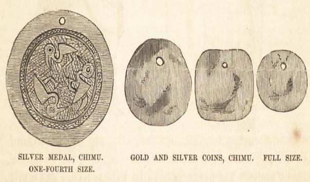 Orfebrería Chimú: Una medalla de plata chimú y tres monedas de oro y plata chimú.