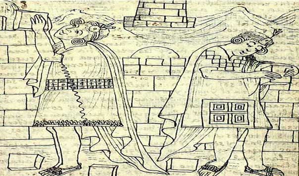 Obras públicas: Amojonadores construyendo linderos o fronteras incas. | Fuente: «Nueva corónica i buen gobierno», de Felipe Guamán Poma de Ayala (1615).