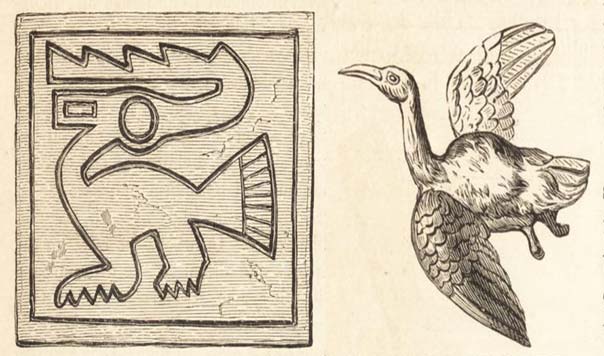 Orfebrería chimú: Imagen izquierda plato de oro chimú, imagen derecha representación de ave fundida en oro.
