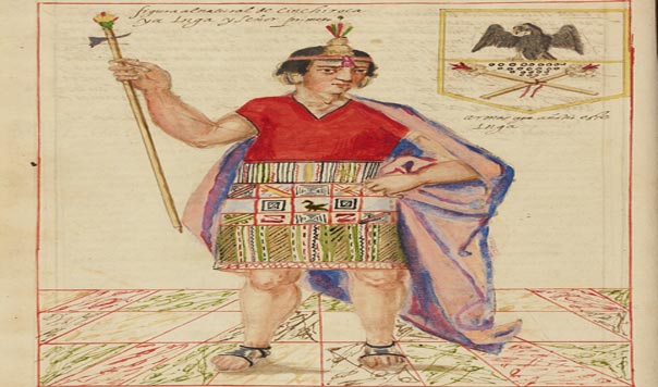 Inca Sinchi Roca, portando la Mascaipacha. | Fuente: Historia General del Perú de Martín de Murúa, Siglo XVII.