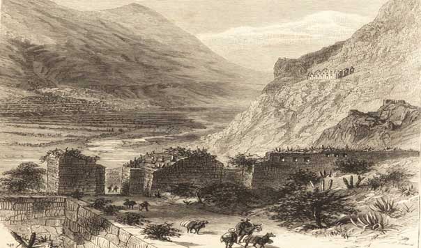 Tierras del Sol: Andenes construidos por los ayllus en el valle de Ollantaytambo (Cusco). | Fuente: Perú; Incidentes de viajes y exploración en la tierra de los incas de Ephraim George Squier (1877).